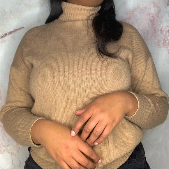 Turtle Neck Sweater - Brown, Tan Basic Sweater - Picture 3 of 6